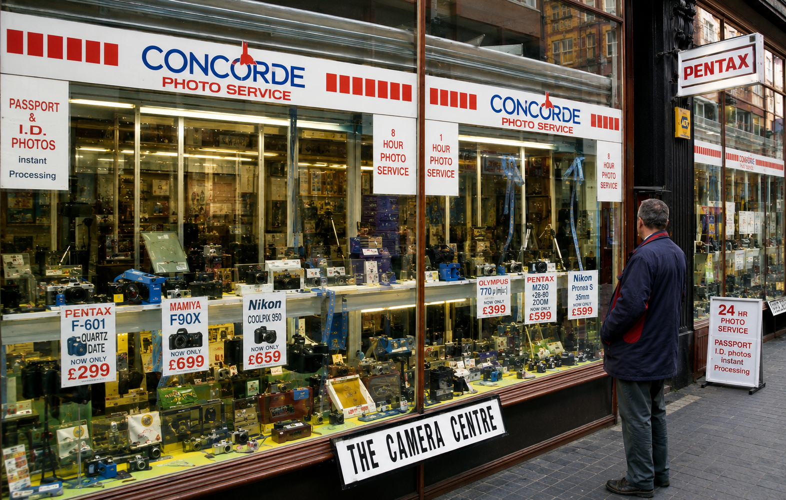 The Camera Centre shop window in the 1990s, full of Pentax, Nikon and Mamiya film cameras