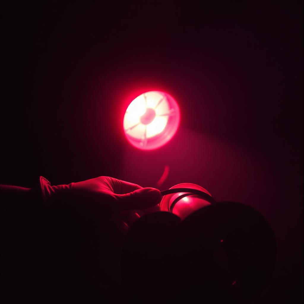 Gloved hands loading film under a darkroom safelight